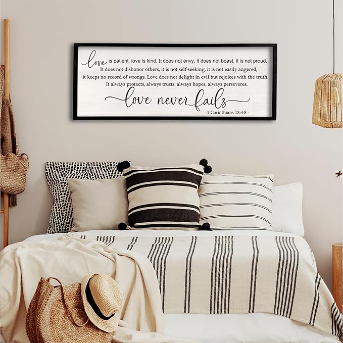 flowtorely Love is Patient, Kind Wall Art Decor 40"X15" Love Never Fails Sign 1 Corinthians 13 Bedroom Above Bed Large Bible Verse Quote Scripture Christianity Hanging Sign (Black)
