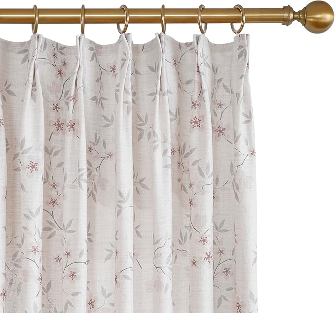 Pink Floral Pinch Pleated Linen Curtains - 2 Panels of Privacy Light-Filtering Printed Curtains Suitable for Dining Rooms and Farmhouses.60 Inches Wide by 96 Inches Long
