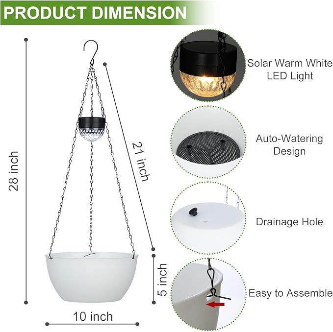 2 Packs Solar Hanging Basket Planters for Plants Outdoor, Self Watering White Flower Plants Pots with Solar Light Drainer for Balcony Patio Garden Outdoor Decoration