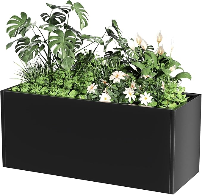 Long Metal Cube Planter for Outdoor Plants 15" W x 38" L x 16.25" H, Heavy Duty Steel Rectangular Planter Box with Removable Insert Shelf, Modern Décor for Outside, Indoor, Garden (Black)