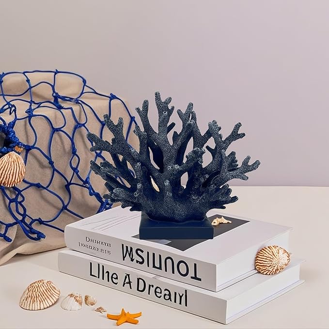 5.8" H Dark Blue Coral Decor - Resin Coral Statue, Nautical Decor for Home, Bedroom, Bathroom, Living Room, Ocean Themed Cabinet Shelf Tabletop Decoration