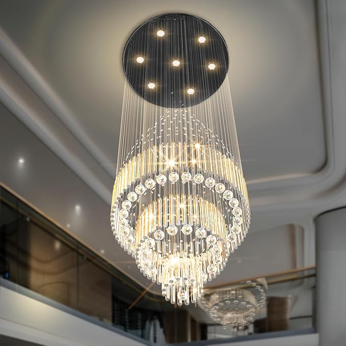 Flashing God D24''XH86'' Modern Foyer Chandelier for High Ceiling Raindrop Crystal Chandelier High Ceiling Pendant Light Fixture for Hallway Living Room (Black Staircase Chandeliers)