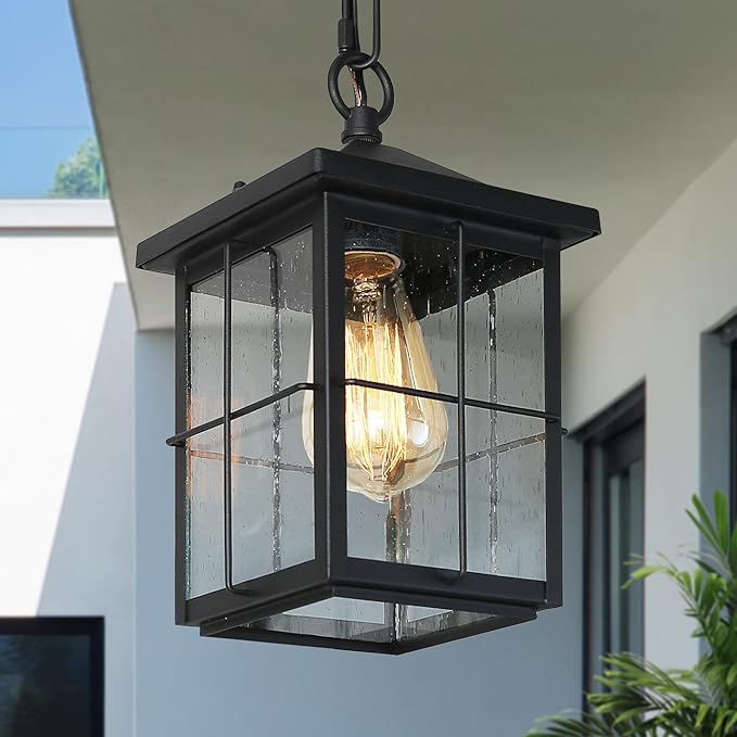 LOG BARN Outdoor Pendant Light Fixture, Farmhouse Exterior Lights, Anti-Rust Ceiling Outdoor Light with Seeded Glass, Lantern Hanging Light for Front Door, Entry, Porch, and Gazebo