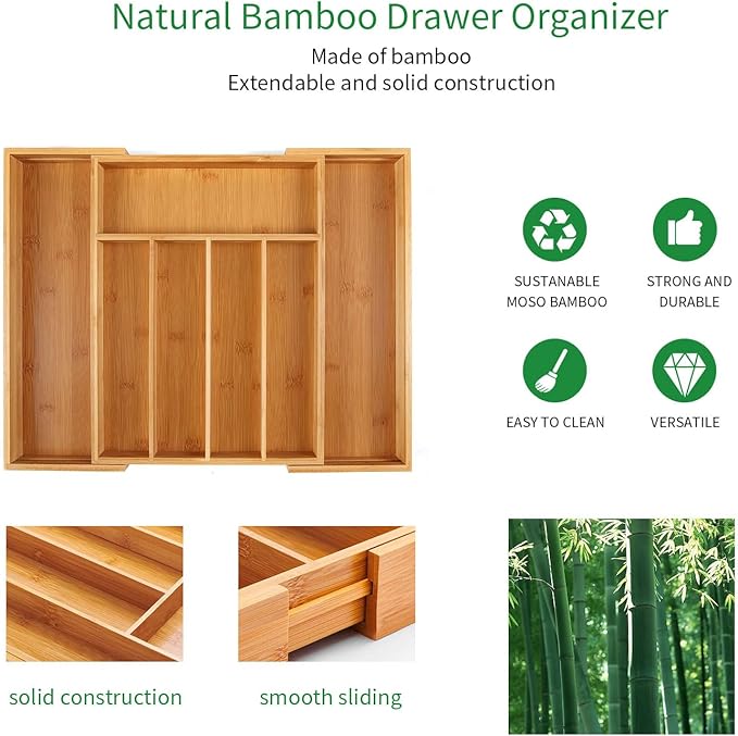 Utoplike Bamboo Cutlery Tray Silverware, Drawer Dividers for Kitchen Utensils, Flatware Tray Drawer Insert for knives, Gadgets and Garage Tools, Office Supplies
