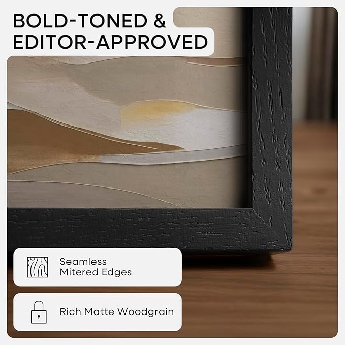 Homeforia A2 Black Wood Frame, High End Oak 16.5 x 23.4 Black Wooden Poster Frames Matted to 11.7 by 16.5 in Photo, A2 Size Wood Picture Frame with Mat A3 for Print, Tempered Glass, Wall Kit, Set of 1