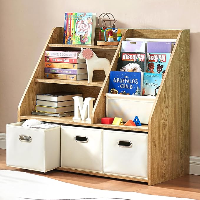 Kids Bookshelf, Kids Toy Storage Organizer with Storage Bins, Wooden Bookshelf and Book Display Shelf for Bedroom, Playroom, Nursery, Classroom, Teak Color