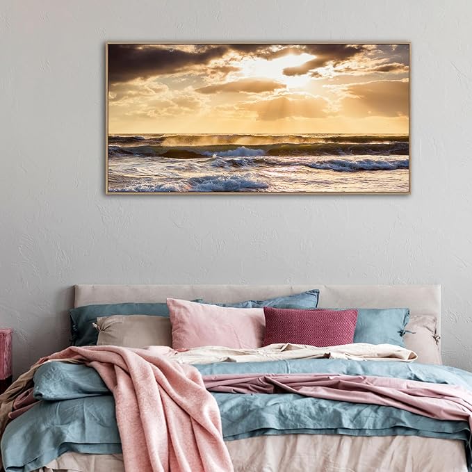 Framed Sunset Ocean Wall Art - Canvas Wall Decor Glow Sea Scene Nature Landscape Prints Sunset Over the Ocean Painting Artwork Living Room Bedroom Office Home 24" x 48"