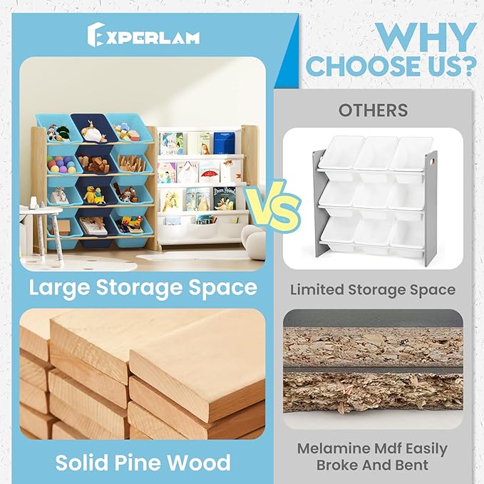 Kids Toy Storage Organizer - Toy Storage with Kids Bookshelf, Toy Organizer with 12 Blue Bins and 4 Book Shelves, Toy Organizers and Storage for Playroom, Nursery, Kids Room, Burlywood