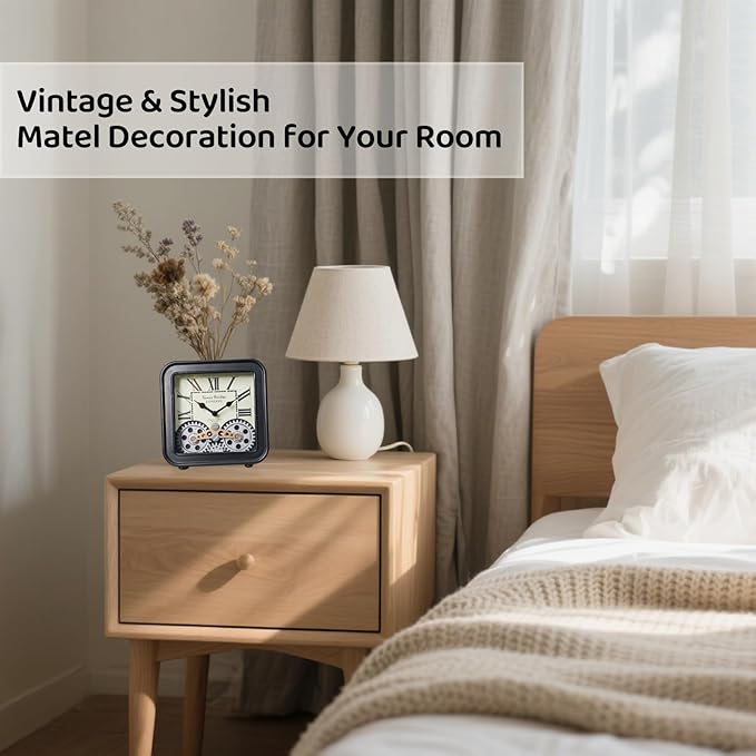 Desk Clock Vintage Metal Table Clocks with Moving Gears, Silent Retro Industrial Steampunk Quartz Small 6 inch End Table Clock for Home Office Living Room Decor Battery Operated (Black)