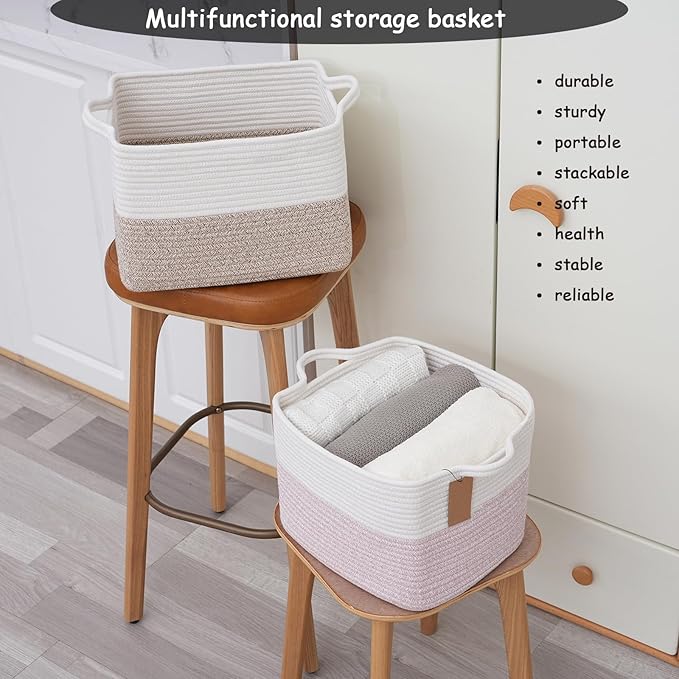 COMFY-HOMI 3PACK Cotton Rope Square baske with Handles for Shelves|Dog Toy baske Bin and Storage|Baby baske for Gift|Shoe baske for Organizing|13.5" x 11" x 9.5" for Living Room（White/Pink）