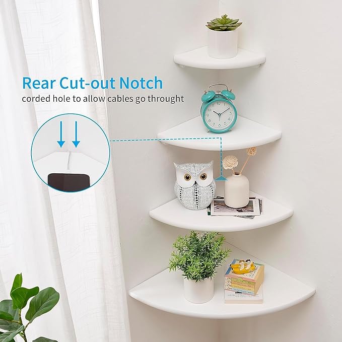 Corner Wall Shelves, White Floating Corner Shelf, Set of 2 16inch Solid Oak Wood Shelves, Round End Wall Mount Display Shelf with Wire Hole for Small Plant for Bedroom Kitchen, Living Room