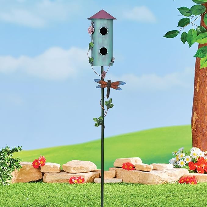 BAYN 57” Bird Houses Stake for Outside, Metal Wild Bird Feeder Double-Hole Birdhouse Stake with Cylinders Design Outdoor Decorations for Patio, Backyard, Garden