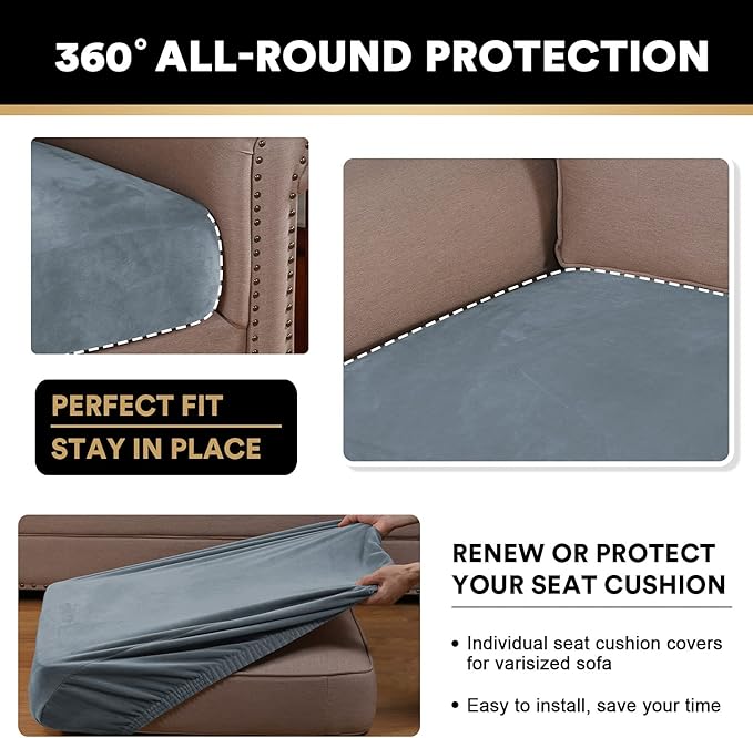 PrinceDeco Velvet Stretch Couch Cushion Cover Soft Cushion Slipcover for Chair Loveseat Sofa Furniture Protector Seat Cushion Sofa Cover (Each Width Up to 29.5", Stone Blue)