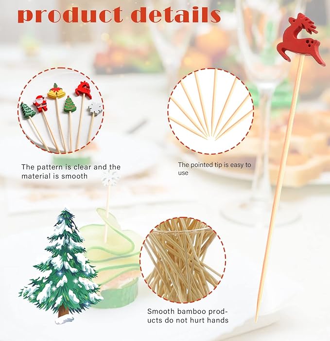 Christmas Cocktail Picks Toothpicks Fruit Dessert Sticks Food Sandwich Appetizer Charcuterie Skewers for Xmas Tree Snowman Elk Snowflake Christmas Decorations Themed Party Supplies, 5", 100 Count