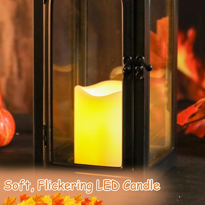 Bdor 2 Pack Fall Lanterns Decor with LED Candle – 16 Inch Harvest Pumpkin Maple Leaf Hanging Lantern for Autumn Thanksgiving Table Centerpiece Indoor Outdoor Decoration, Battery Operated