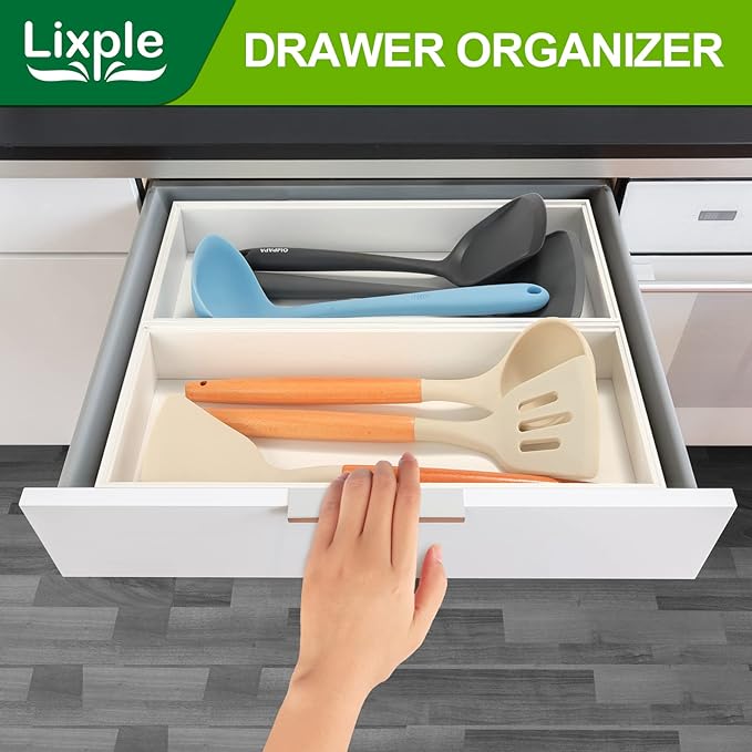 Kitchen Drawer Organizer - 2 Pack, Stackable Bamboo Drawer Organizers, Wooden Storage Box Tray for Cabinet, Pantry, Bathroom Countertop, Multi-use Organization and Storage (White)