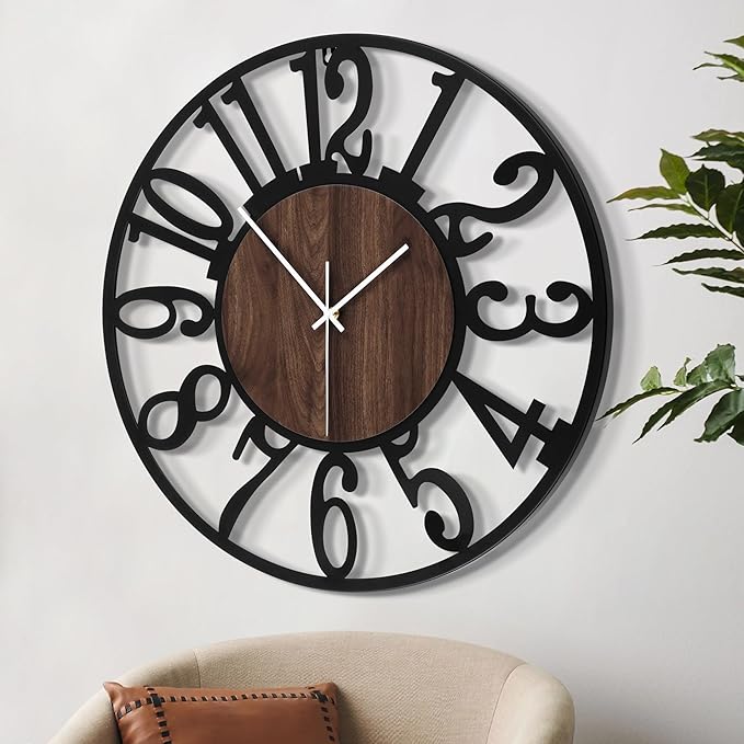 LEIKE 32" Oversized Large Wall Clocks,Silent,Non Ticking,Battery Operated Modern Round Big Wood Decorative Metal Wall Clock for Living Room, Bedroom,Kitchen,Farmhouse,Office Decor - Black,32 Inch