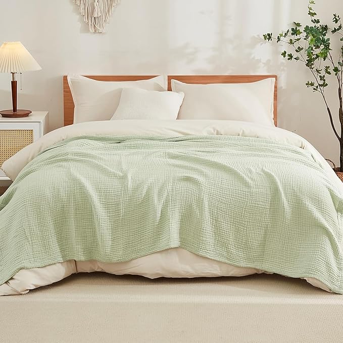 EMME Cotton Throw Blanket 100% Muslin Soft Blanket for Couch Breathable Gauze All Season Soft and Lightweight Pre-Washed Cotton (Mint Green, 50"x70")