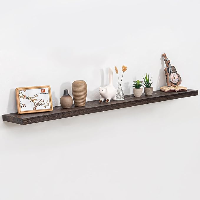 55 Inch Floating Shelves for Wall, Elm Wood Floating Shelves for Home Décor, Wall-Mounted Display Shelves with Heavy-Duty Bracket, Live Edge Long Floating Shelf for Kitchen, Living Room, Walnut