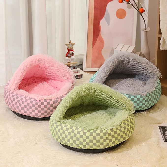 Cat Bed Hooded Plush Nest with Self-Warming Cozy Cave, Calming Anti-Anxiety Pet Bed for Indoor Cats & Small Dogs, Removable Washable Cover & Waterproof Bottom - Green