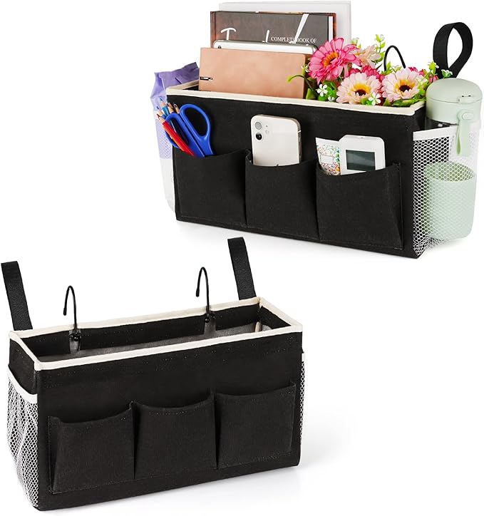Bedside Caddy Bedside Organizer Bedside Storage Caddy with Fixed Straps and Water Bottle Holder for Home College Dorm Bunk Bed Hospital Bed Crib Bed Rails (2pcs Black)