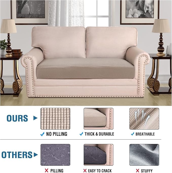 H.VERSAILTEX Super Stretch Individual Seat Cushion Covers Sofa Covers Couch Cushion Covers Slipcover Sets Thick Jacquard Textured Twill Fabric (1 Piece Loveseat Cushion Cover, Sand)