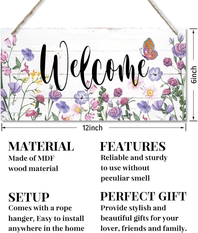 Welcome Decor Sign, Hanging Wood Sign Home Decorative, Printed Wood Wall Art Sign, Flower Welcome Sign, Yard Garden Welcome Sign, Porch Decor Sign, Farmhouse Front Door Decor Sign 12 * 6inch