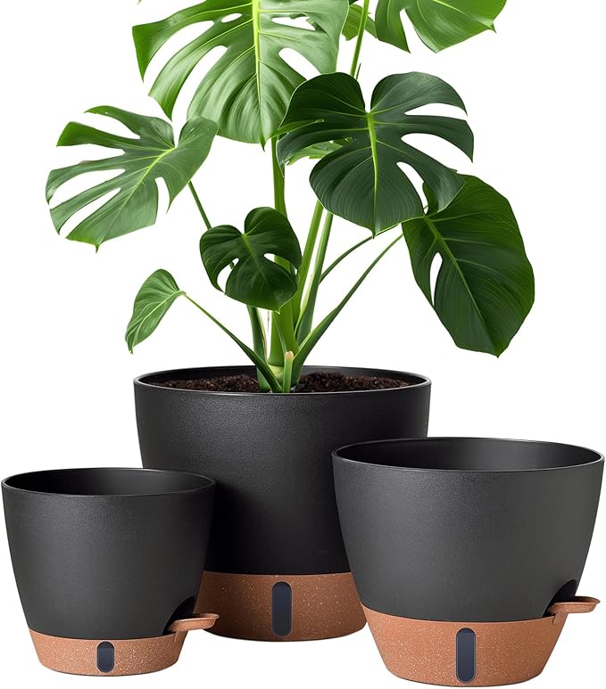 12/10/8 Inch Self Watering Pots for Indoor Plants Plastic Large Plant Pot for Outdoor Plants, Water Level Window & Spacious Reservoir Flower Pots Decorative Planter with Drainage and Tray (Black)