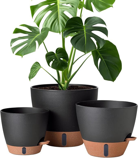 12/10/8 Inch Self Watering Pots for Indoor Plants Plastic Large Plant Pot for Outdoor Plants, Water Level Window & Spacious Reservoir Flower Pots Decorative Planter with Drainage and Tray (Black)