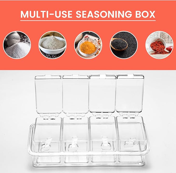Clear Seasoning Box, 4 Piece Seasoning Rack Spice Pots, Plastic Storage Container Condiment Jars with Lids and Spoon, Storage Container Spice Jar for Salt Sugar Tea Herbal Coffee Beans