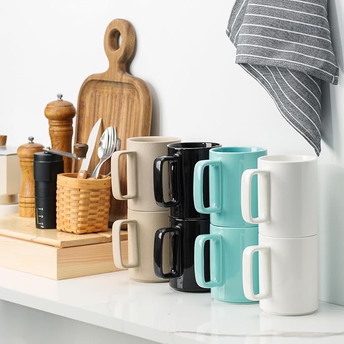 E-liu Porcelain Tea Mugs Coffee Mug Set, Large 15 Ounces Cups for Coffee, Tea, Cocoa, and Mulled Drinks, Set of 6, BlacK White Grey