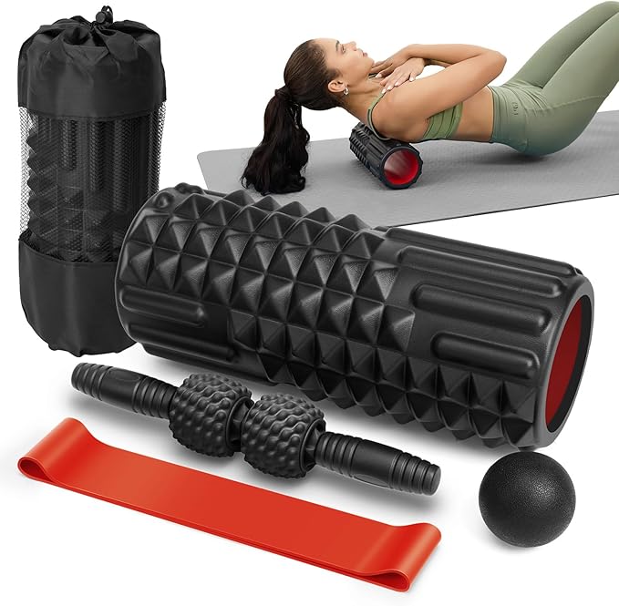 5 in 1 Foam Roller Set, High Density Foam Roller, Muscle Roller Stick, Massage Ball, Resistance Band for Physical Therapy & Deep Tissue Muscle Massage (Black)