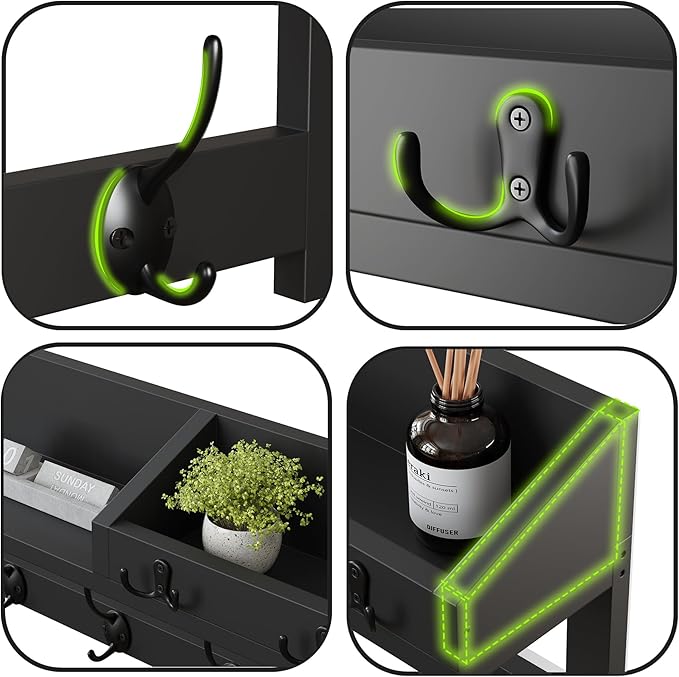AMBIRD Wall Hooks with Shelf 26.57inch Entryway Wall Hanging Shelf Wood Coat Hooks for Wall Coat Rack Wall Mount Rack with 5 Dual Hooks 3 Key Hooks Mail Organizer and Key Rack Key Holder (Black)