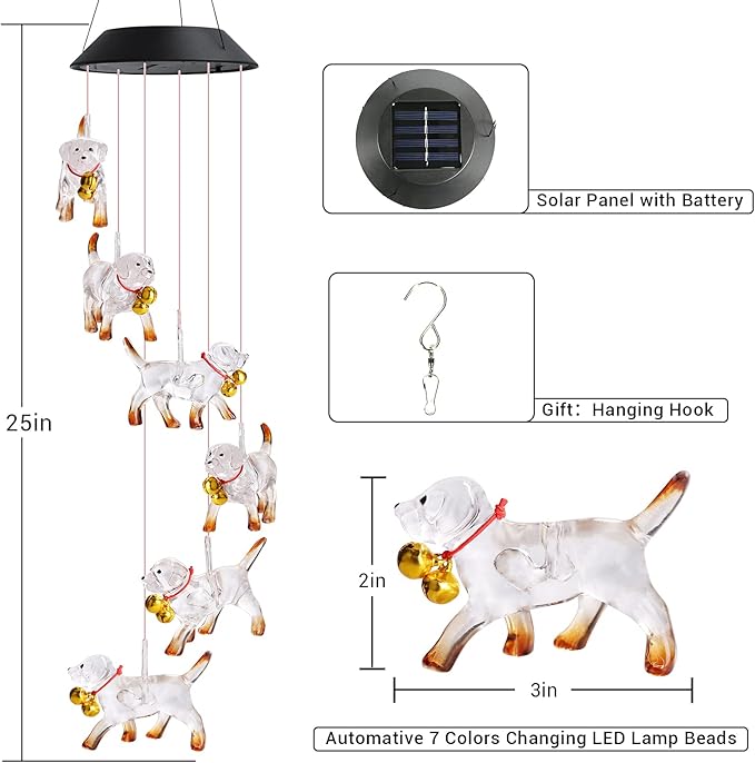 Toodour Solar Wind Chime, Color Changing Wind Chimes Dog, LED Decorative Mobile, Gifts for Mom Grandma, Waterproof Outdoor Decorative Lights for Garden, Patio, Yard, Window Outdoor Decor