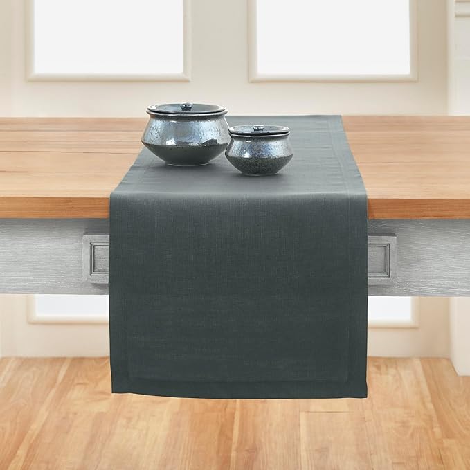 Solino Home Linen Table Runner 120 Inches Long - 100% Pure Linen Dark Grey Dining Table Runner 14 x 120 Inch for Fall, Autumn, Halloween, Thanksgiving - Fete