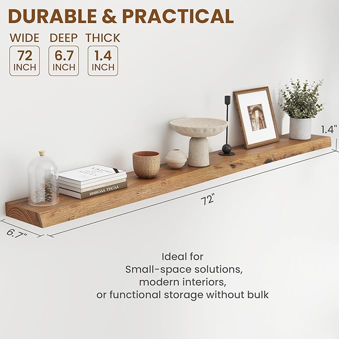 72" Floating Shelves, Live Edge Elm Wood Floating Shelf for Wall, Wall-Mounted Display Shelves with Invisible Heavy-Duty Bracket, Long Floating Shelf for Bathroom, Kitchen, Living Room, Natural Color