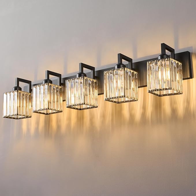 Modern Crystal Bathroom Vanity Light - 5-Lights Black Modern Crystal Wall Lamp for Bathroom Vanity Lighting