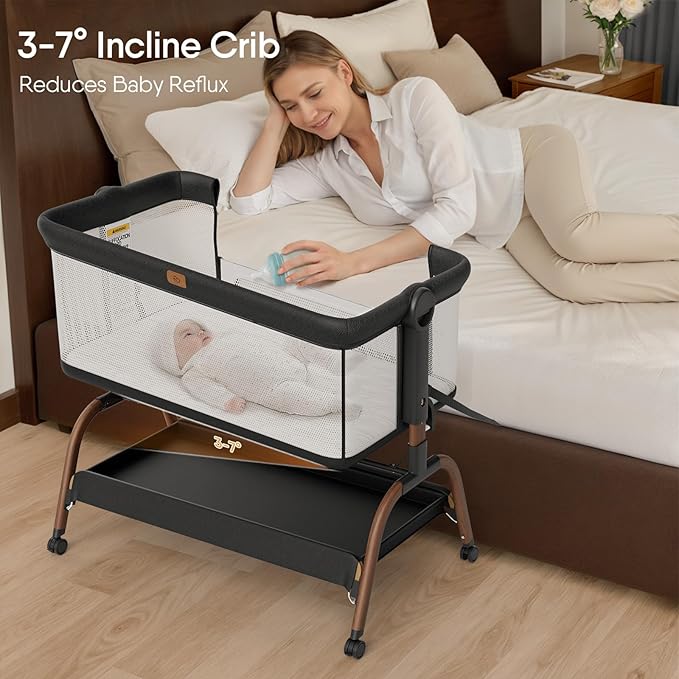 Baby Bassinet Bedside Crib, 3-in-1 Baby Bassinet Bedside Sleeper with Mattress and Soft, Breathable Sheet, Full-Mesh Sides, 6-Height Adjustable, Stable and Secure Crib for Newborns