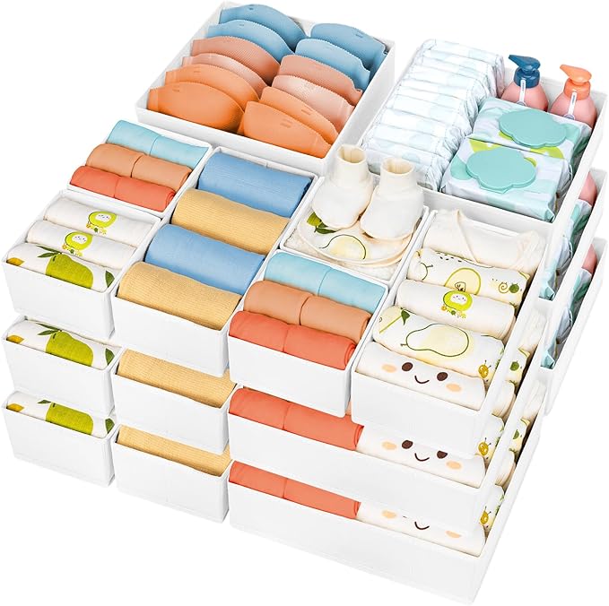DIMJ Drawer Organizer Clothes 18 Pack - Foldable Baby Organizers and Storage & Dresser Organizer for Bedroom, Closet - Nursery Organization Dresser Dividers for underwear, Sock,Bra, Belt, Tie, White