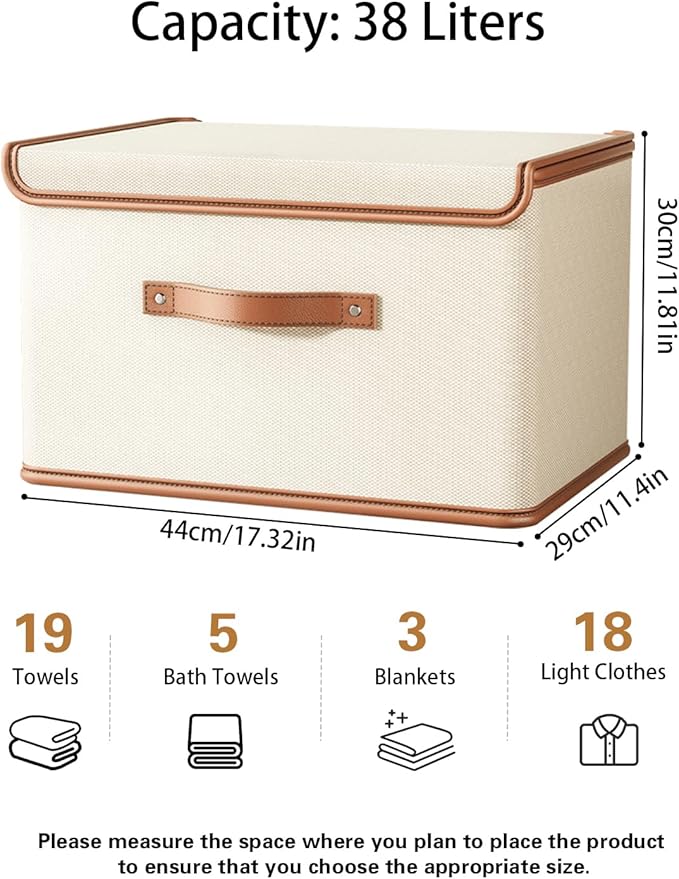 Tuza 2 Pack Storage Bins with Lids, Collapsible Closet Organizer Container, Fabric Organizer Box with Handles, Decorative Storage Boxes with Lids for Organizing Clothes, Books, File, White, Large
