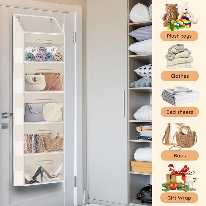 Over the Door Organizer with Drawers, 5 Tier Hanging Storage with Removable Bins & 10 Side Pockets, Over Door Closet Organizer for Baby Items, Yarn, Bed Sheets, Clothes, Toys, Towels – Beige