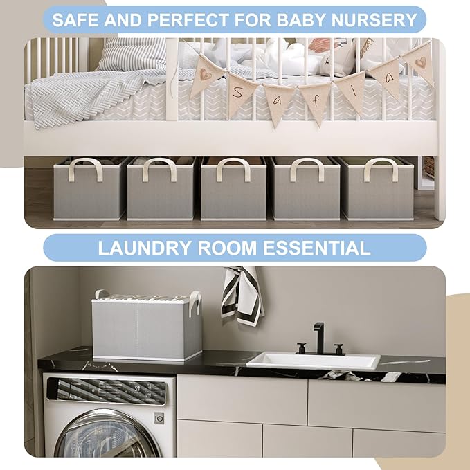 Closet Storage Bins, Fabric Closet Organizers and Storage Basket for Shelves, Collapsible Shelf Baskets for Organizing Shelves, Bedroom Clothes Basket, Gray, 3 Pack