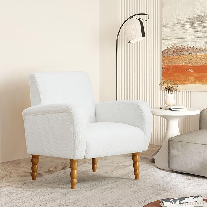 Chenille Fabric Accent Chair, Upholstered Armchair with Solid Wood Legs, Modern Living Room Accent Chair, Comfy Single Sofa Chair Reading Club Chair for Bedroom Reception Lounge, White