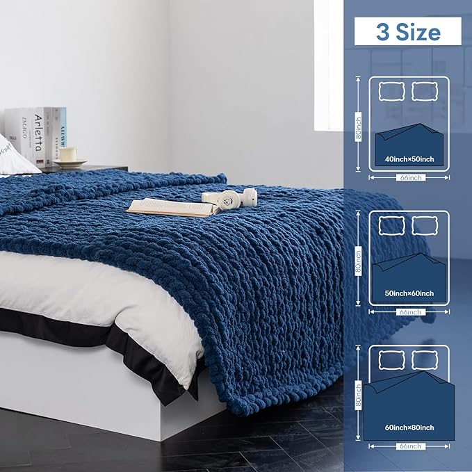 Chunky Knit Blanket - Luxury Soft Cozy 60 * 80 Throw Blanket,100% Woven Blanket Rope Knot Throw Blanket for Couch, Sofa, Home Decor, Gift - Machine Washable（Deep Blue）
