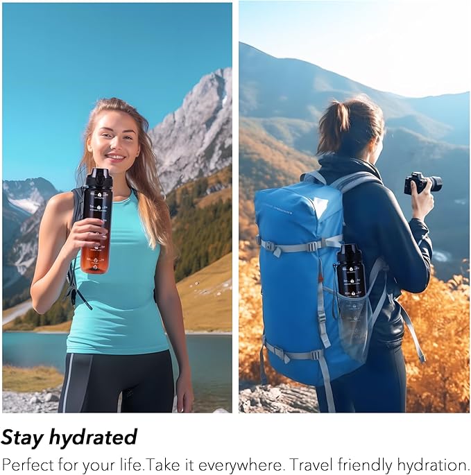 32oz Motivational Water Bottles with Time Marker & Fruit Strainer, Transparent Gradient Color Water Bottle with Times to Drink, Leakproof & BPA Free, Reusable Bottle with Strap (No Straw)