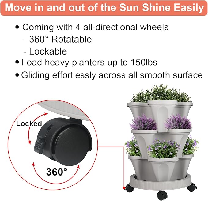 Vertical Planter 3 Tier Stackable Planters Garden Planters Strawberry Herb Flower and Vegetable Planter Indoor Outdoor Gardening Pots with Removable Wheels and Tools