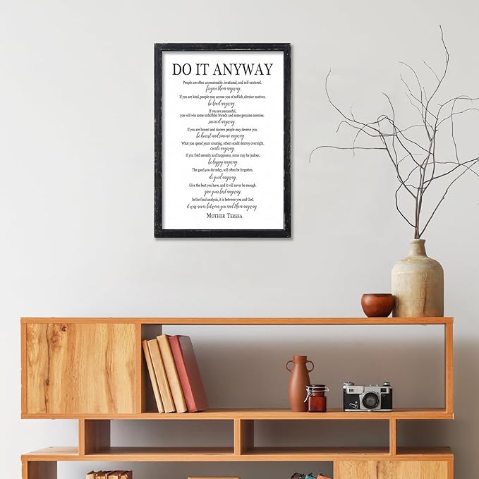 Do It Anyway Mother Teresa Wall Art Decor 16x11 Inch Wooden Framed Wall Hanging Sign (Black)
