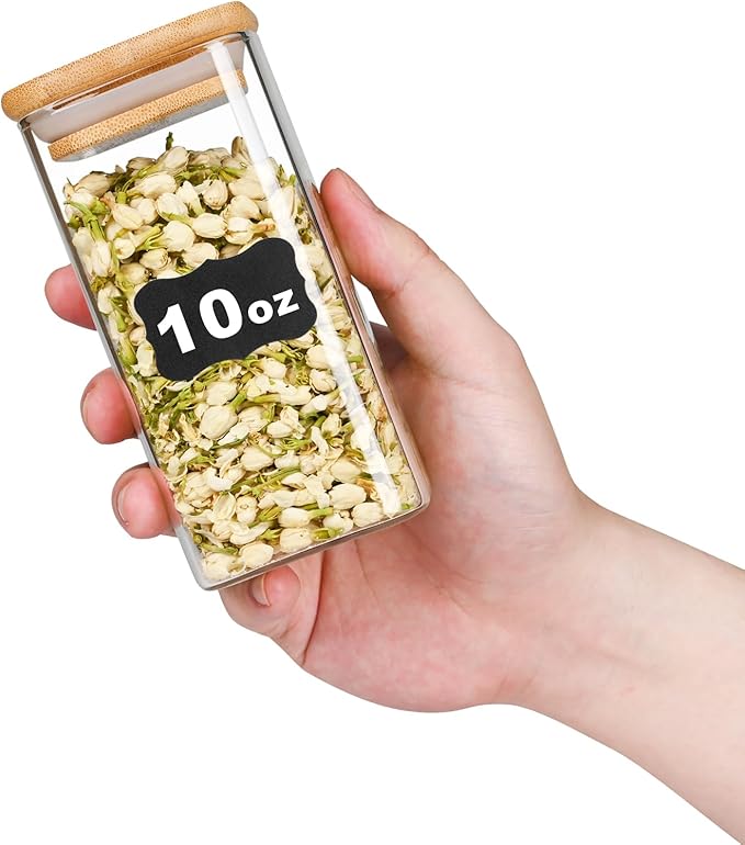 Glass Food Storage Jars Square 10oz, 12 Pack Glass Jars With Bamboo Lids, Kitchen Storage Containers For Spice, Candy, Cookie, Storage For Pantry Organizers