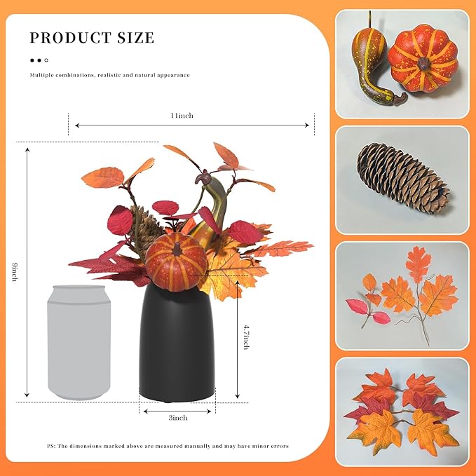 Autumn Artificial Potted Plant Decorations, Maple Leaves, Pinecones, Pumpkins with Black Ceramic Vase for Home,Thankgiving Table Decoration