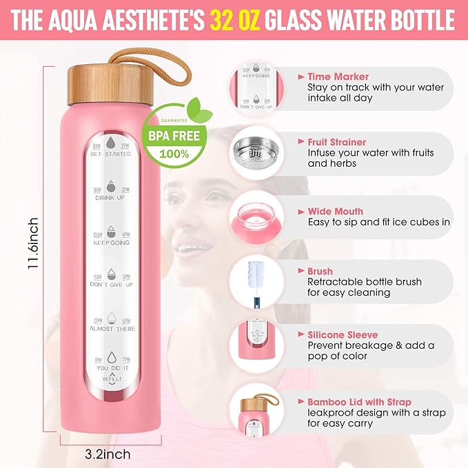 Aqulea Glass Water Bottles 32 Oz with Silicone Sleeve - BPA Free Reusable Wide Mouth Glass Motivational Water Bottles with Fruit Infuser – Leak Proof Borosilicate Water Bottle with Time Marker (Pink)